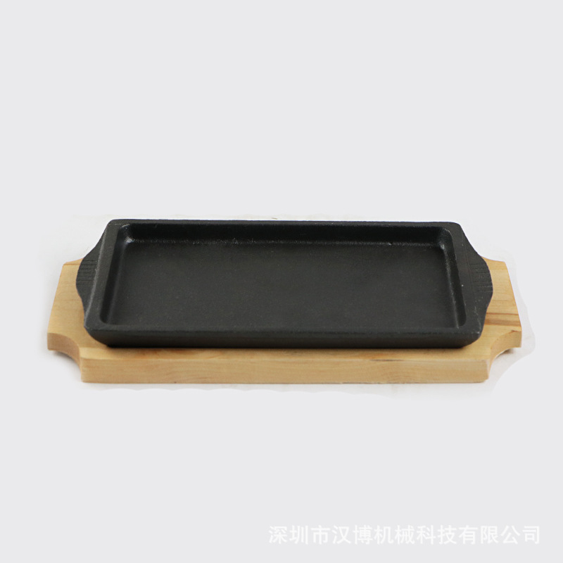 廠家批發(fā)高檔鑄鐵板燒烤盤帶木托 供應(yīng)商用長方形不粘鐵板燒烤盤