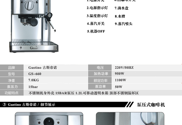 Gustino意式進(jìn)口泵 半自動(dòng)高壓不銹鋼濃縮咖啡機(jī)家用商用豪華正品