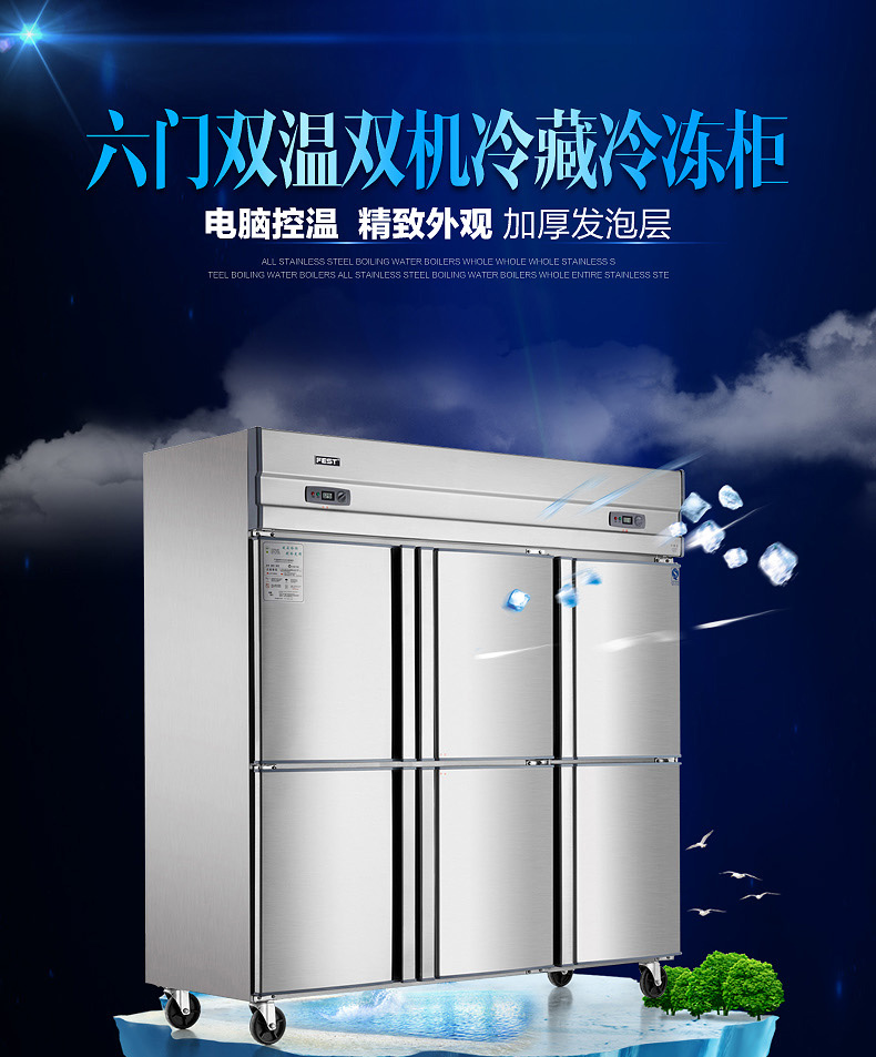 FEST六門冰箱 六門冷柜 冰柜商用雙機(jī)雙溫立式冷藏冷凍廚房冰箱