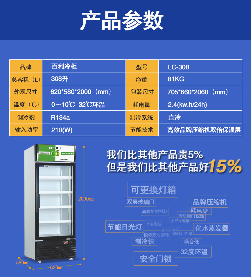 百利冷柜LC-308單門立式展示冰柜 商用保鮮冷藏柜 超市制冷設(shè)備